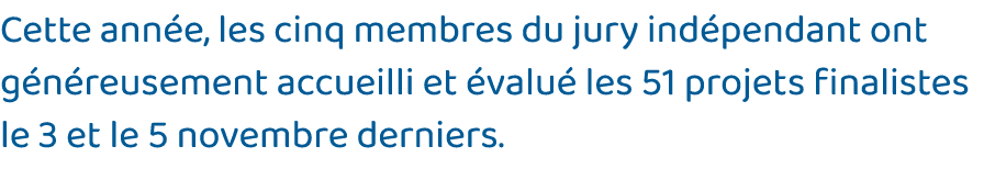 Cette année, les cinq membres du jury indépendant ont généreusement accueilli et évalué les 51 projets finalistes le    
