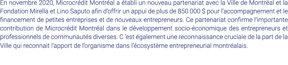 En novembre 2020, Microcrédit Montréal a établi un nouveau partenariat avec la Ville de Montréal et la Fondation Mire   